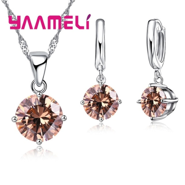 New Fashion Women Wedding Jewelry Sets 925 Sterling Silver  4 Claw CZ Crystal Necklace Dangle Earrings For Wedding