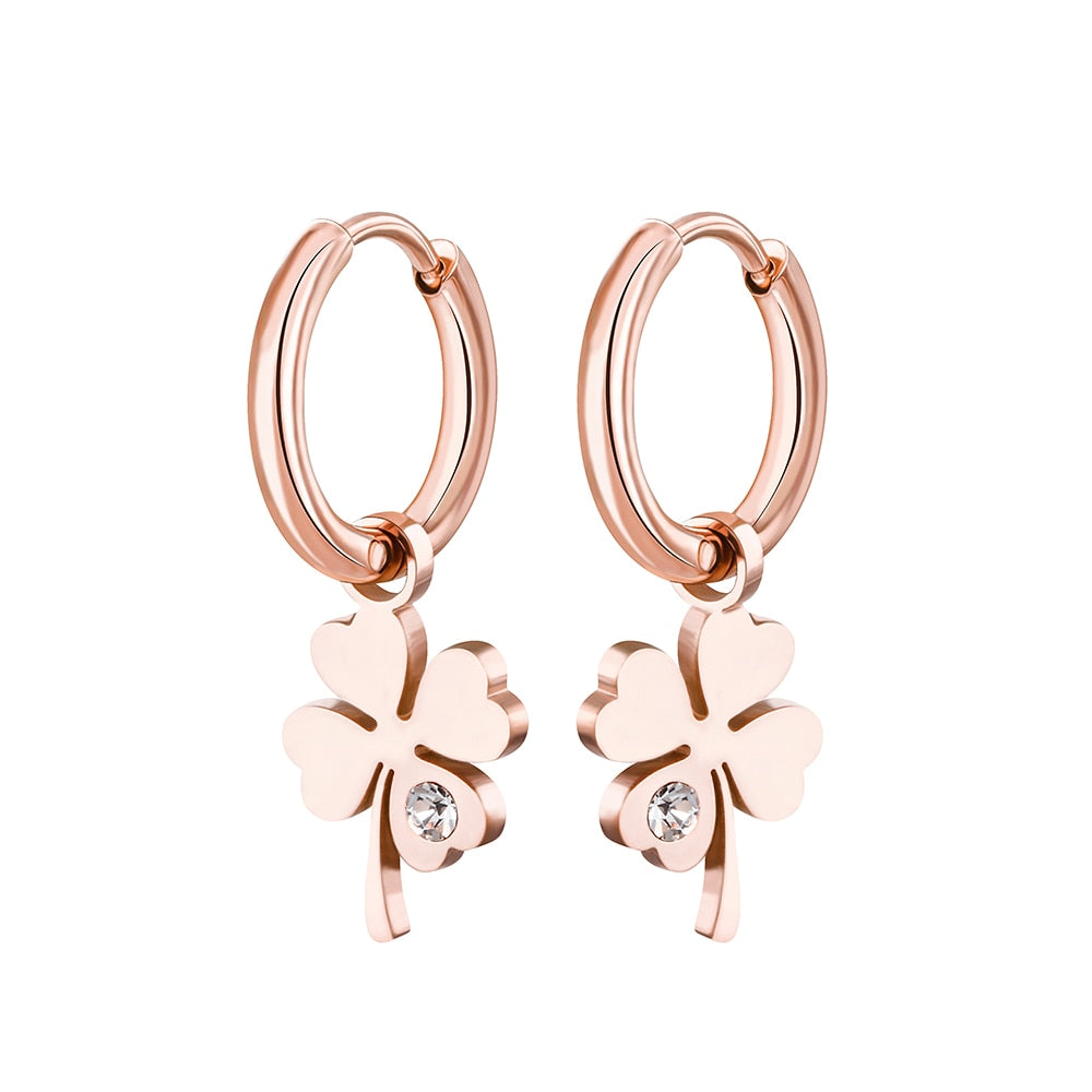 New Four Leaf Clover Earrings for Women Gold Silver Plated Hoops Stainless Steel with Zircon Fashion Jewelry Never Fade