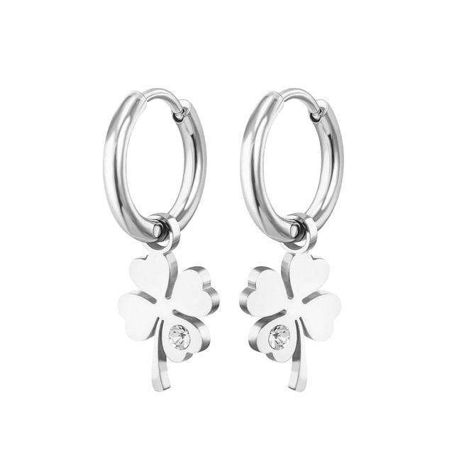 New Four Leaf Clover Earrings for Women Gold Silver Plated Hoops Stainless Steel with Zircon Fashion Jewelry Never Fade