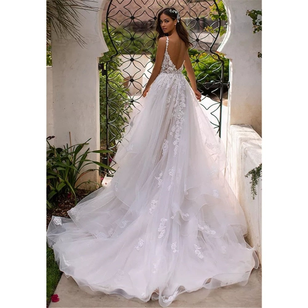 Long Boho A-Line Backless Bride Wedding Dress with 3D Flowers and Spaghetti Straps