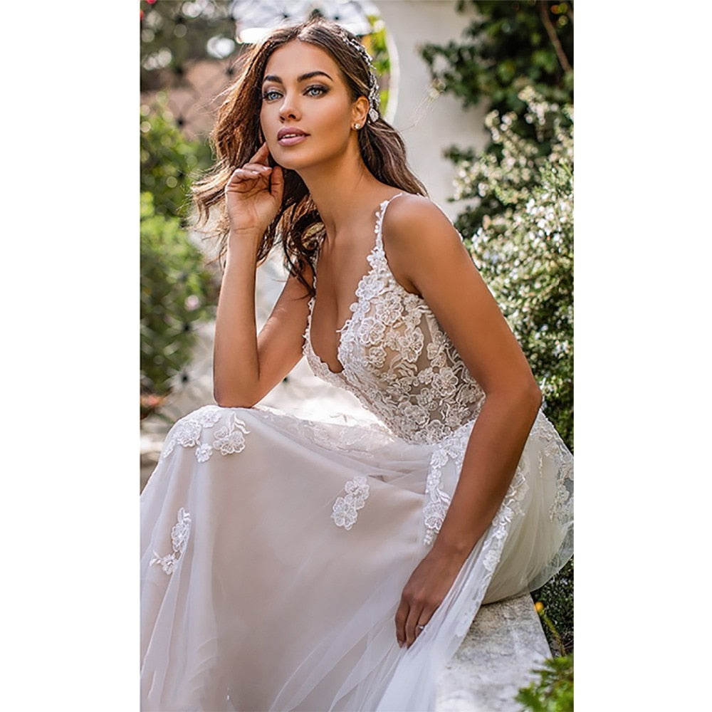 Long Boho A-Line Backless Bride Wedding Dress with 3D Flowers and Spaghetti Straps