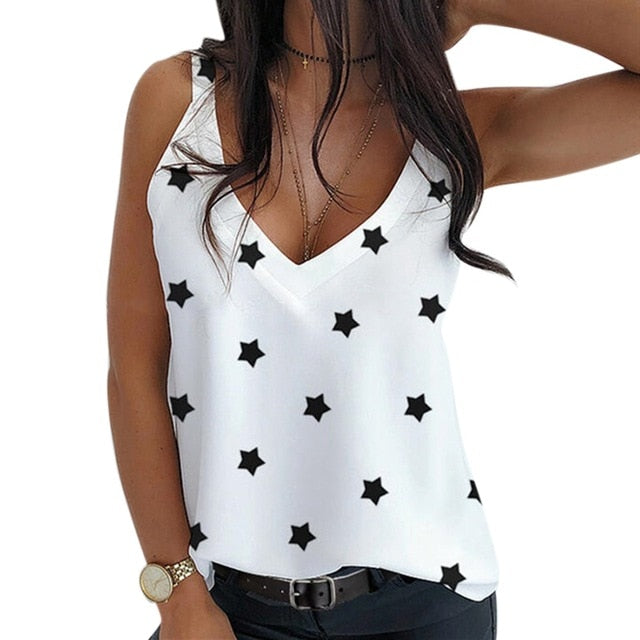 Muyogrt Ladies V-Neck Stars Printed Top