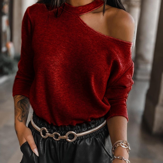 C2C Mall-Chiffon Elegant Halter Long Sleeve Off Shoulder Ladies Blouse
