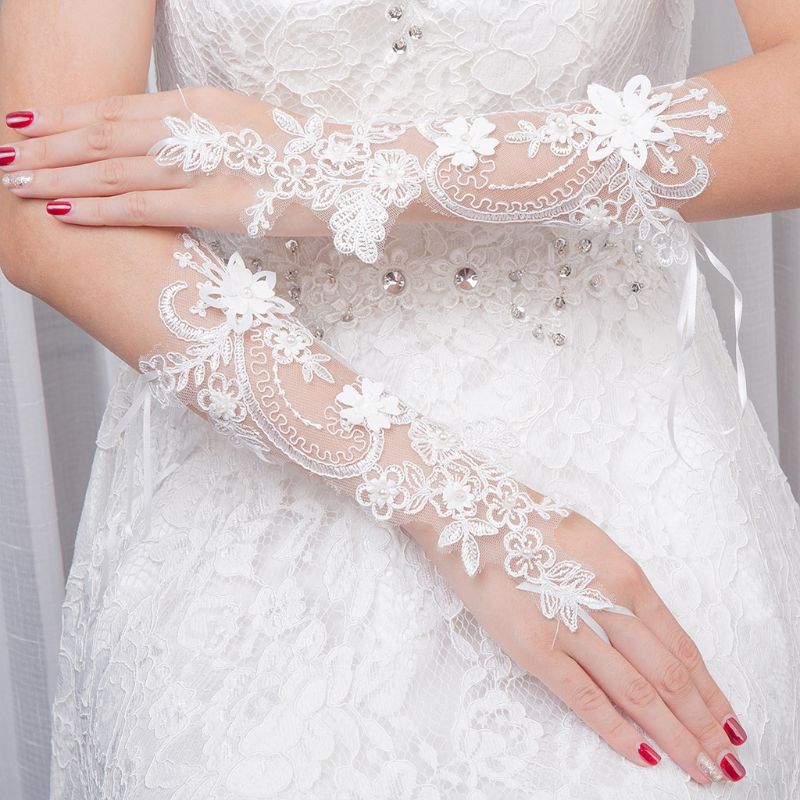 Women Wedding Fingerless Gloves Lace Faux Pearl Floral Applique Bowknot Mittens