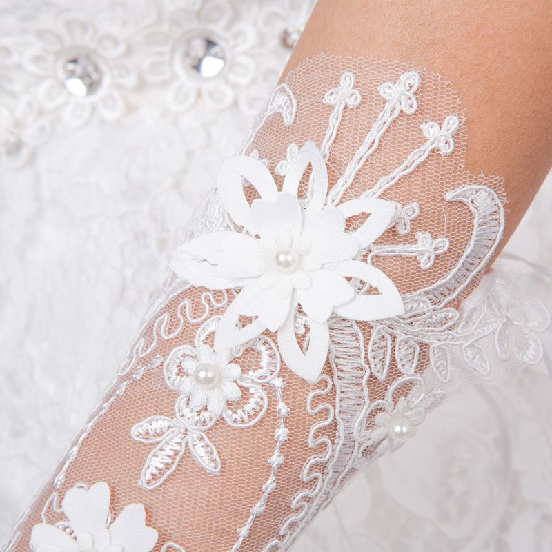 Women Wedding Fingerless Gloves Lace Faux Pearl Floral Applique Bowknot Mittens