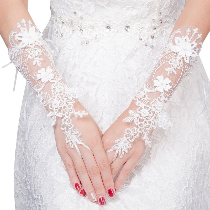 Women Wedding Fingerless Gloves Lace Faux Pearl Floral Applique Bowknot Mittens