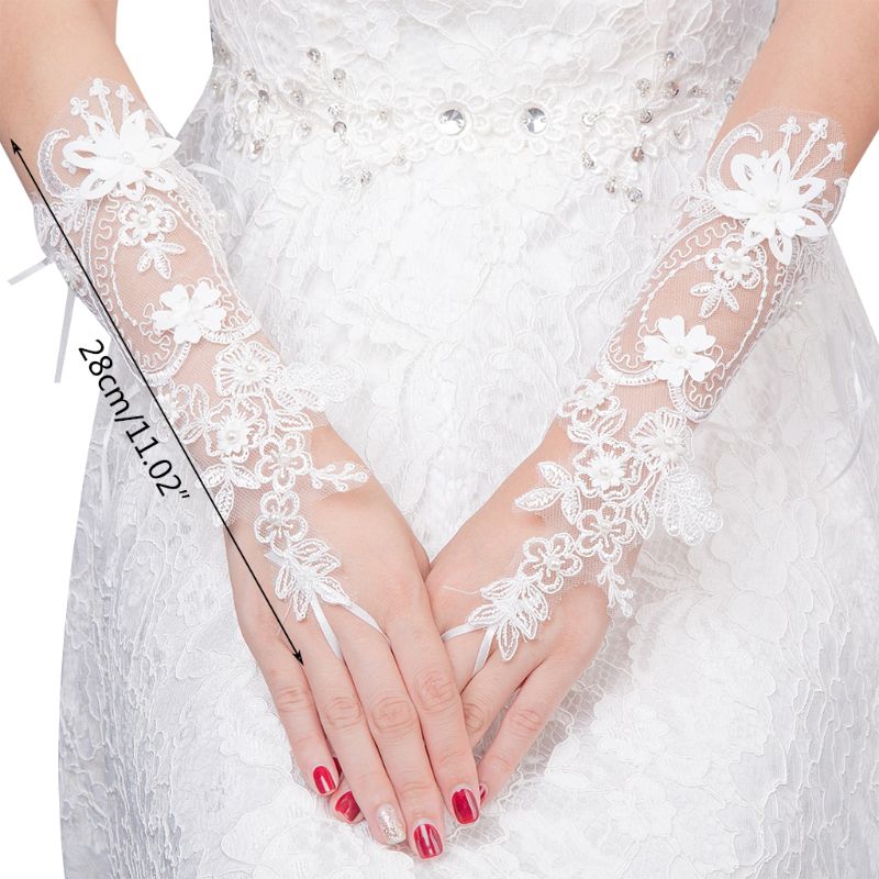 Women Wedding Fingerless Gloves Lace Faux Pearl Floral Applique Bowknot Mittens