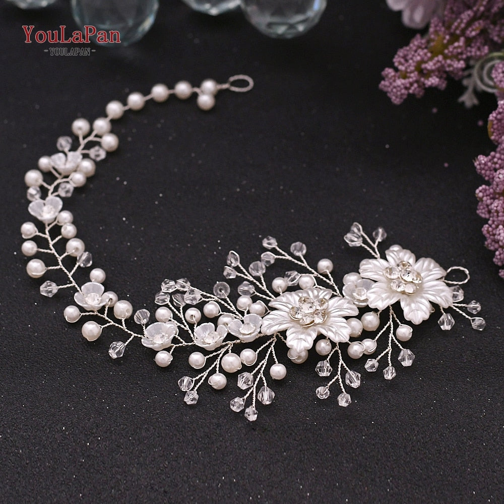 YouLaPan HP295 Flower Headband Crystal Pearls Women Tiara Bridal