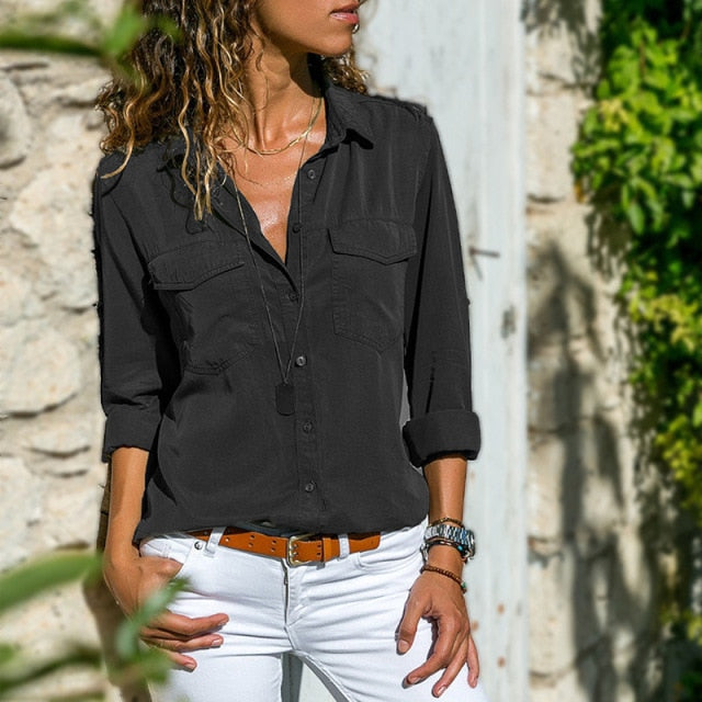 C2C Long Sleeve Button Pockect Casual Broadcloth Ladies Blouse