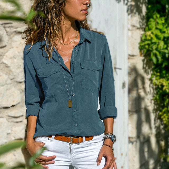 C2C Long Sleeve Button Pockect Casual Broadcloth Ladies Blouse