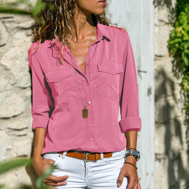 C2C Long Sleeve Button Pockect Casual Broadcloth Ladies Blouse