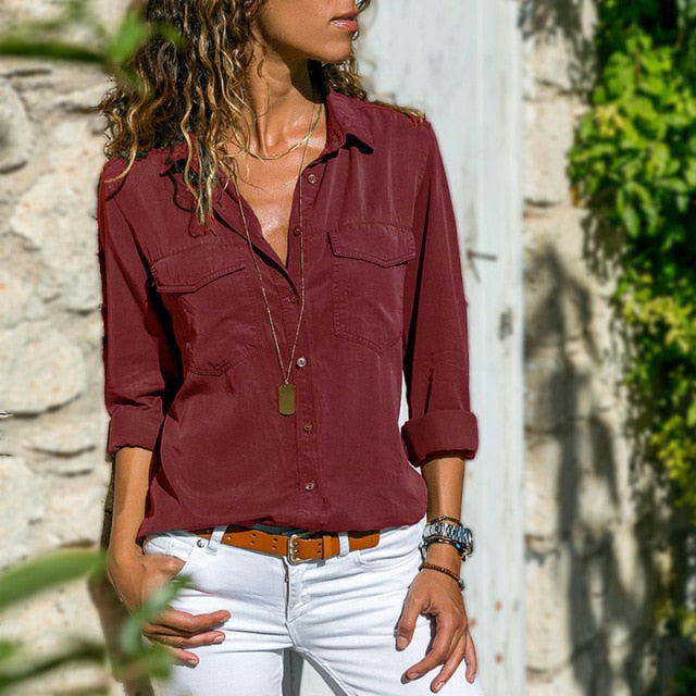 C2C Long Sleeve Button Pockect Casual Broadcloth Ladies Blouse