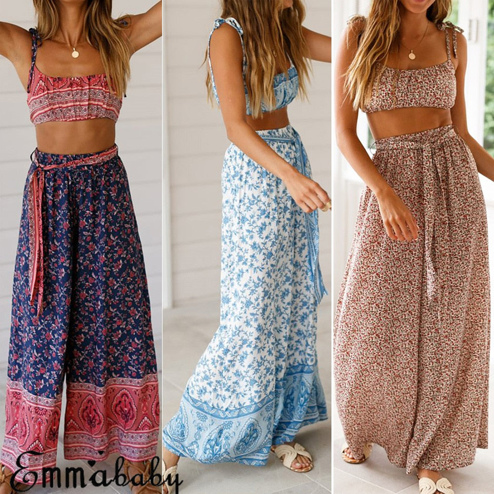 C2C Mall-Boho Summer Flower print Wide Leg Palazzo Ladies Pants