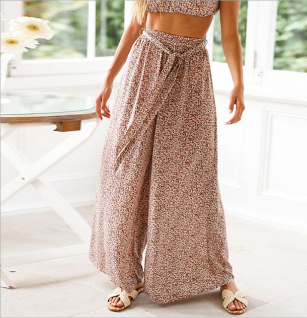 C2C Mall-Boho Summer Flower print Wide Leg Palazzo Ladies Pants