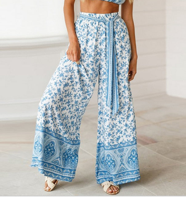 C2C Mall-Boho Summer Flower print Wide Leg Palazzo Ladies Pants