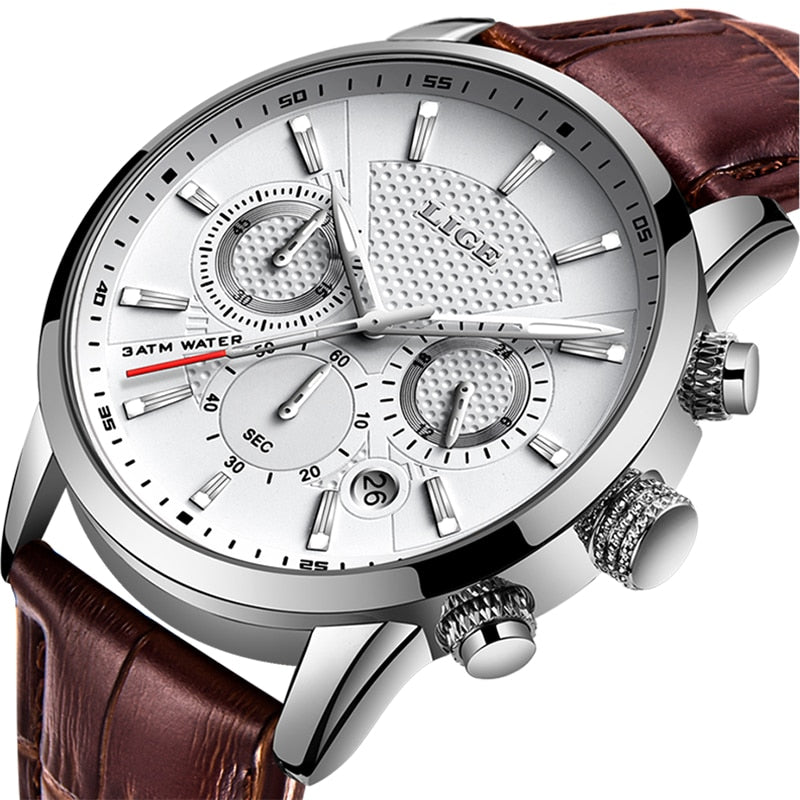 Leather Chronograph Waterproof Sport Automatic Date Quartz Men Watch