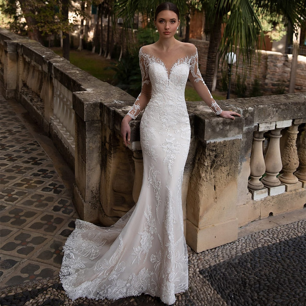 C2C Illusion O Neck Full Sleeves Mermaid Skirt Wedding Dress with Crystal Appliqued