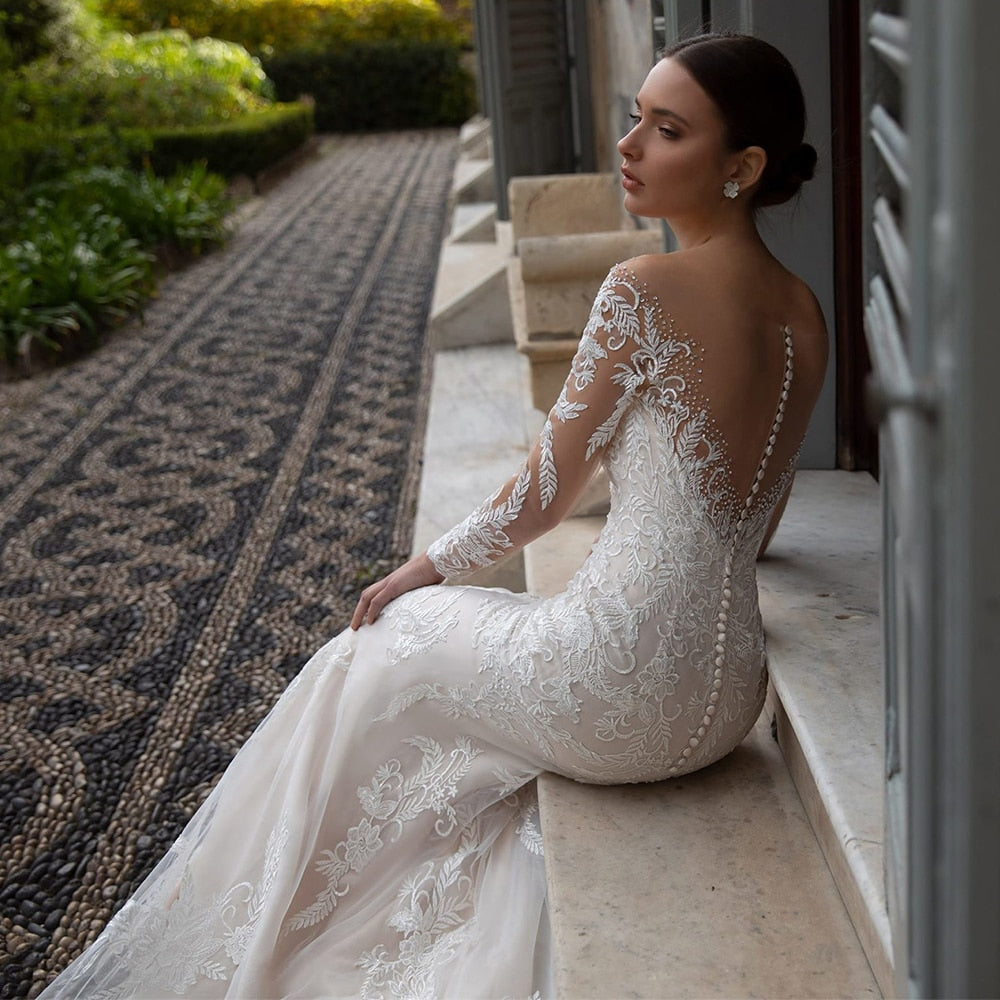 C2C Illusion O Neck Full Sleeves Mermaid Skirt Wedding Dress with Crystal Appliqued