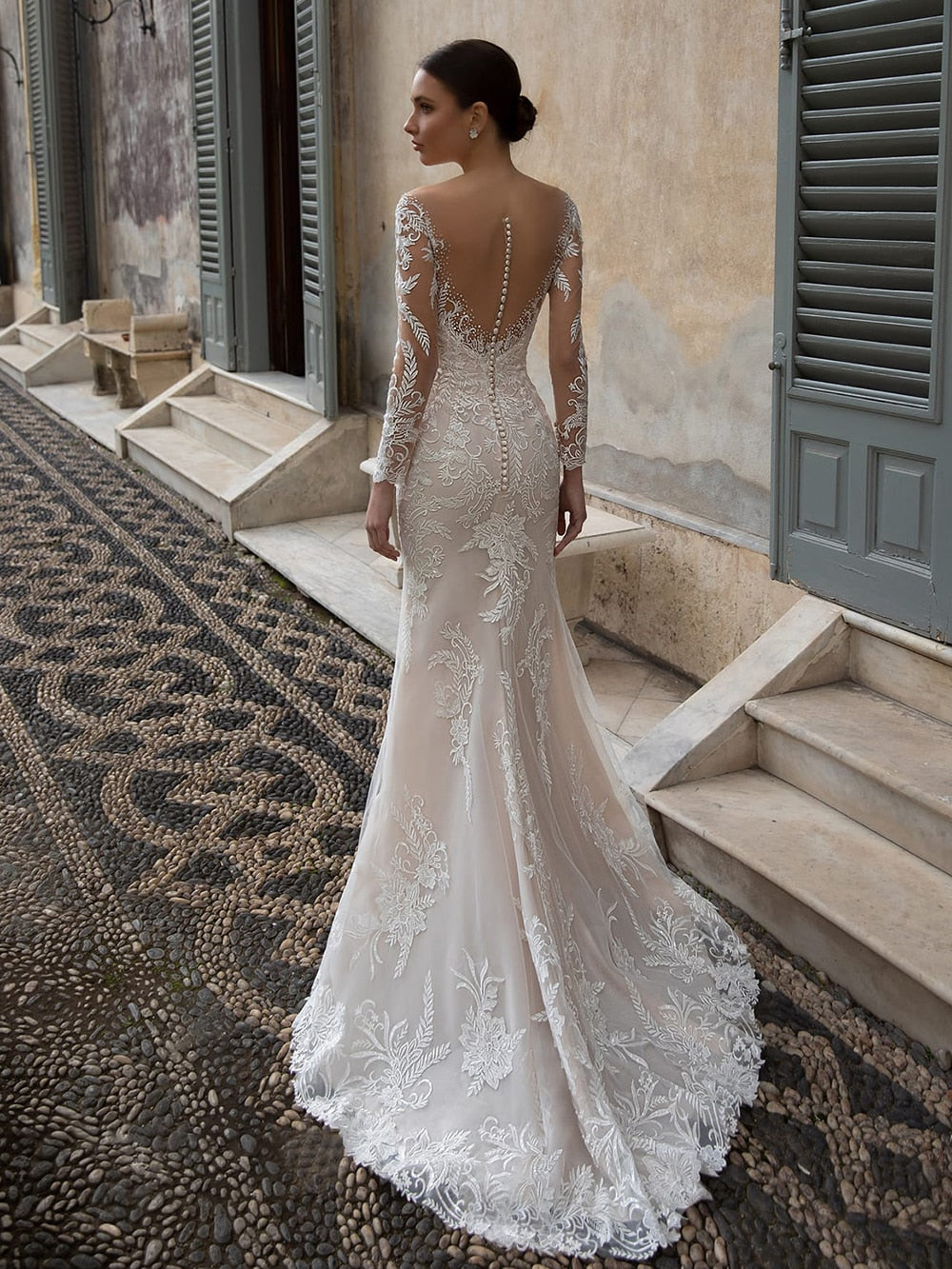 C2C Illusion O Neck Full Sleeves Mermaid Skirt Wedding Dress with Crystal Appliqued