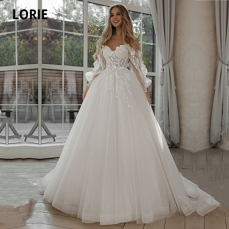 LORIE Glitter Wedding Dresses Puff Sleeve Appliques Lace 3D Flowers off Shoulder Tulle Boho Bride Gown