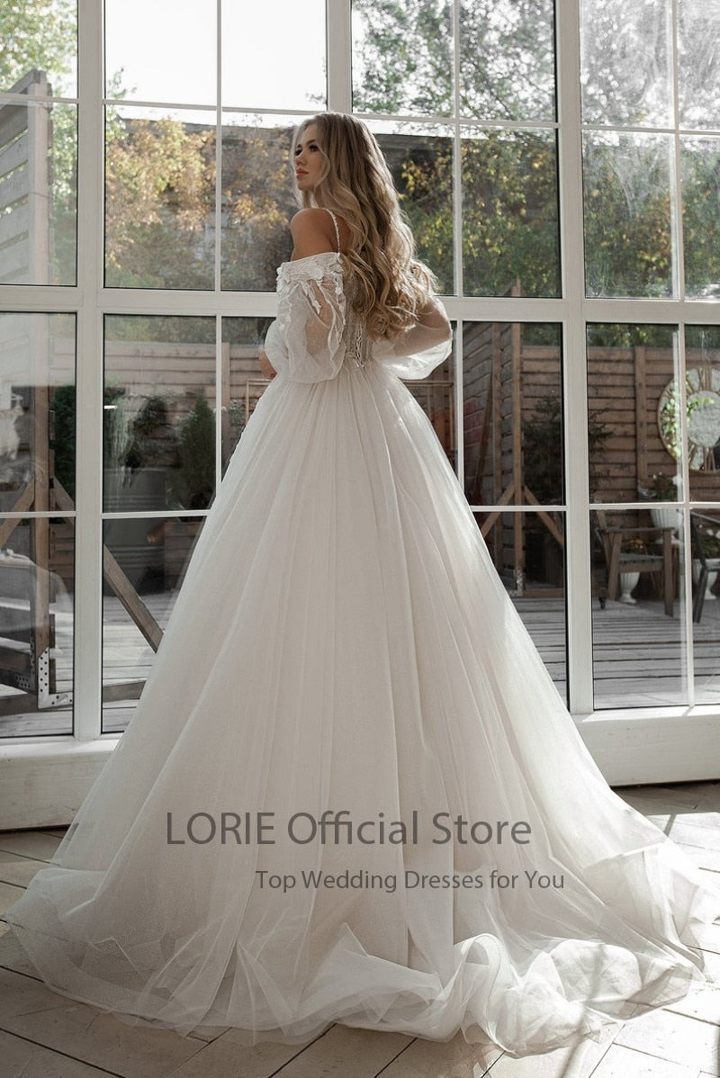 LORIE Glitter Wedding Dresses Puff Sleeve Appliques Lace 3D Flowers off Shoulder Tulle Boho Bride Gown