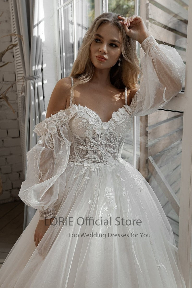 LORIE Glitter Wedding Dresses Puff Sleeve Appliques Lace 3D Flowers off Shoulder Tulle Boho Bride Gown