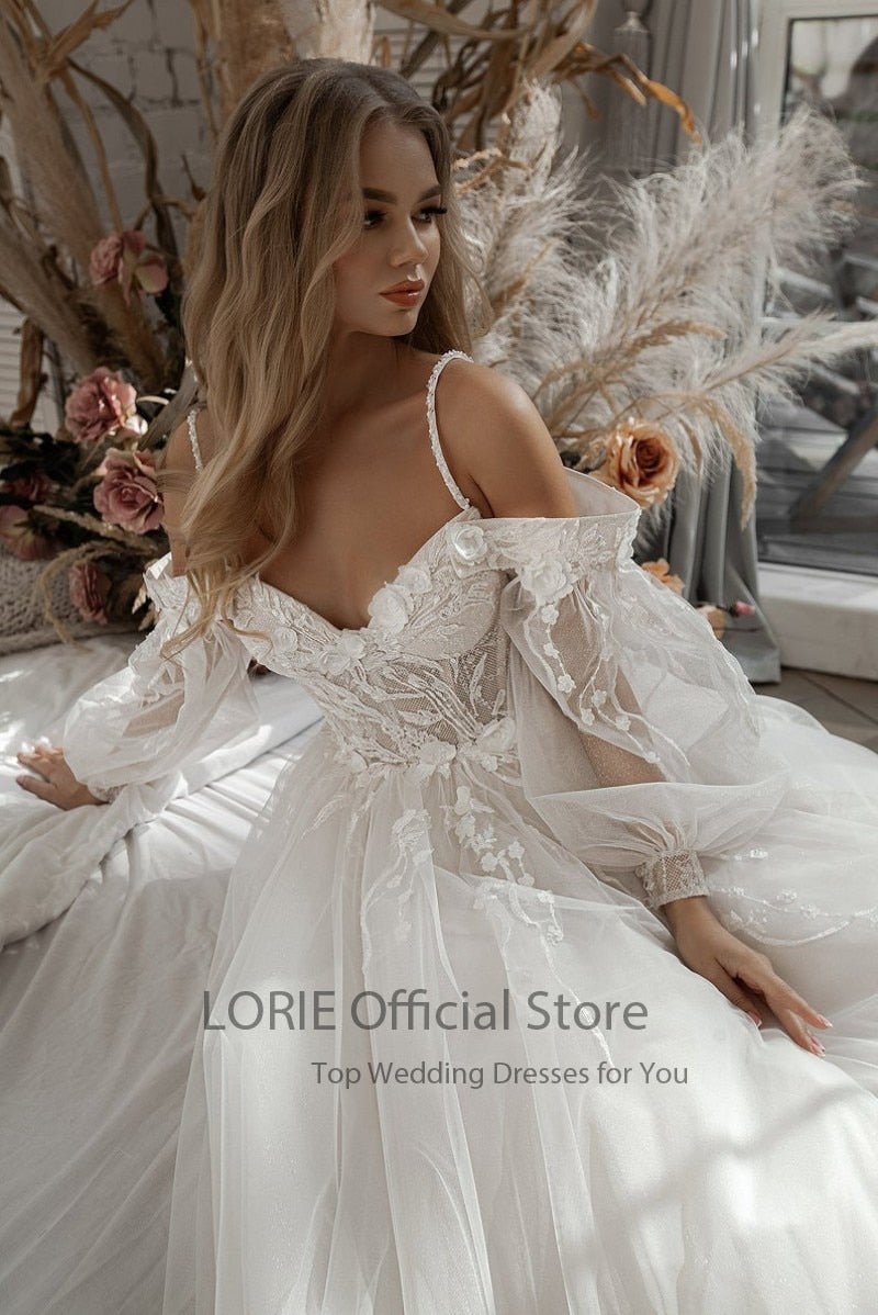 LORIE Glitter Wedding Dresses Puff Sleeve Appliques Lace 3D Flowers off Shoulder Tulle Boho Bride Gown