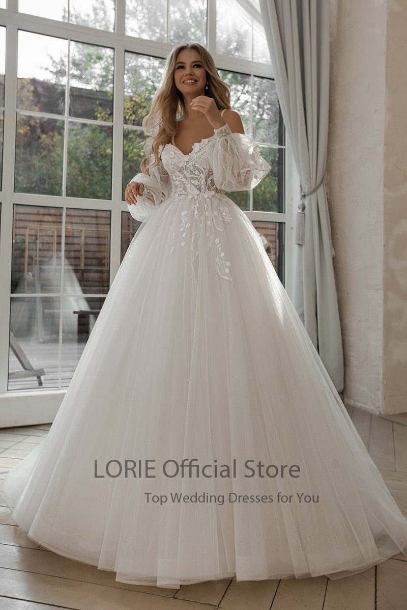 LORIE Glitter Wedding Dresses Puff Sleeve Appliques Lace 3D Flowers off Shoulder Tulle Boho Bride Gown