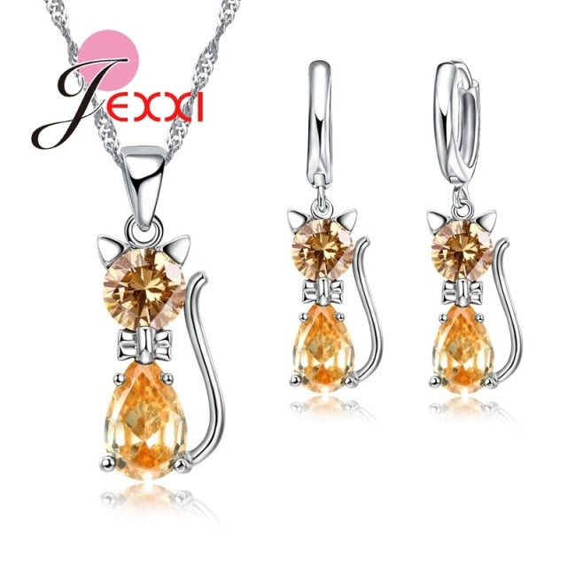 Jewellery Sets Accessories Genuine 925 Sterling Silver  Cubic Zirconia Cat Kitty Necklace Pendant+Leverback Earrings Hot