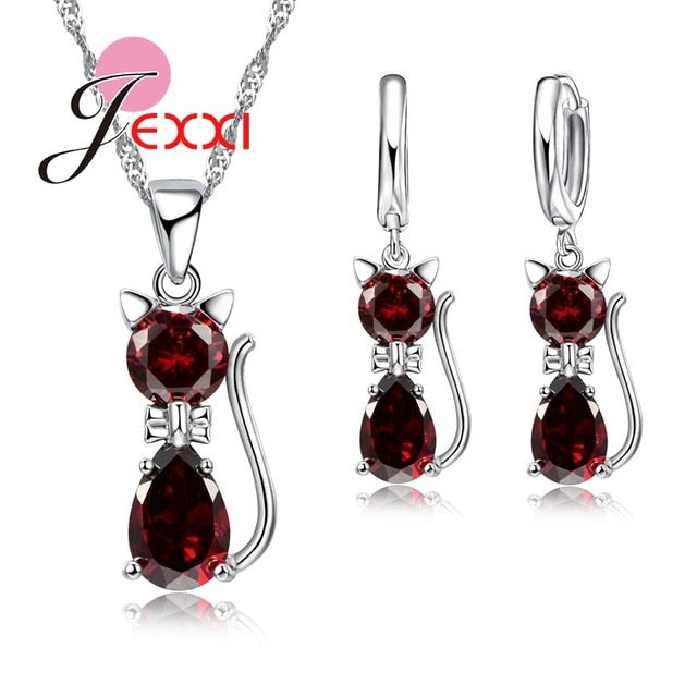 Jewellery Sets Accessories Genuine 925 Sterling Silver  Cubic Zirconia Cat Kitty Necklace Pendant+Leverback Earrings Hot
