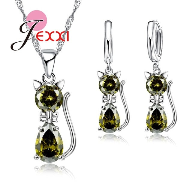 Jewellery Sets Accessories Genuine 925 Sterling Silver  Cubic Zirconia Cat Kitty Necklace Pendant+Leverback Earrings Hot