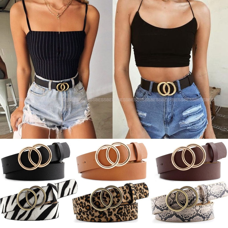 C2C Double Ring Women Leather Metal Buckle Belts For Ladies