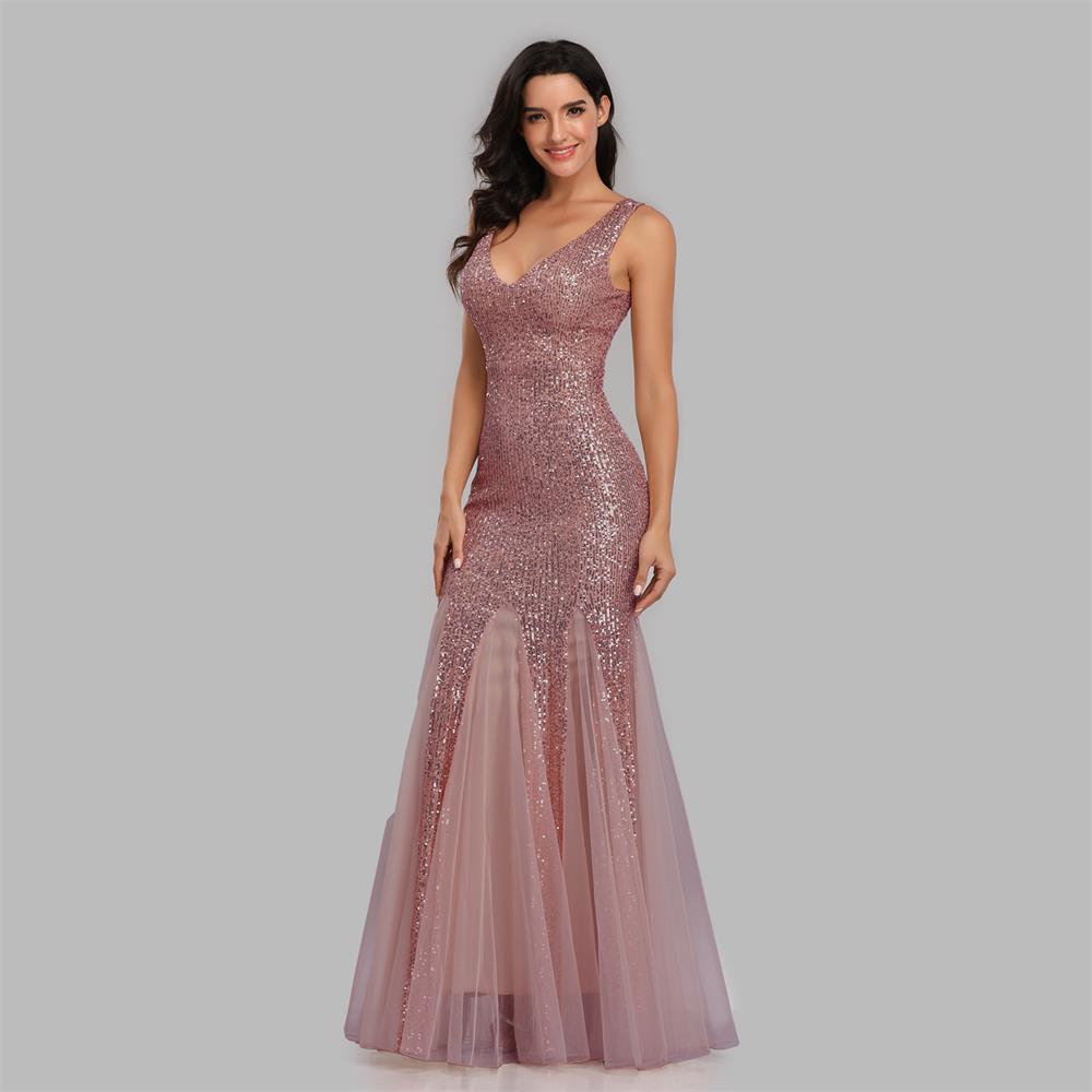 Plus Size V Neck Mermaid Cocktail Long Sequins Sleeveless Evening Dress