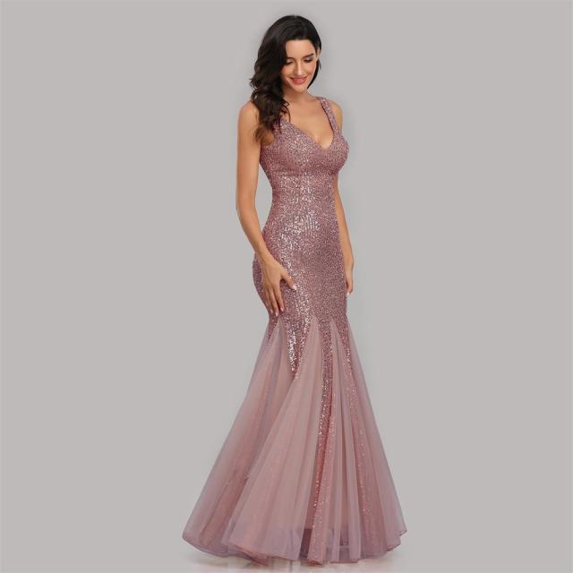 Plus Size V Neck Mermaid Cocktail Long Sequins Sleeveless Evening Dress