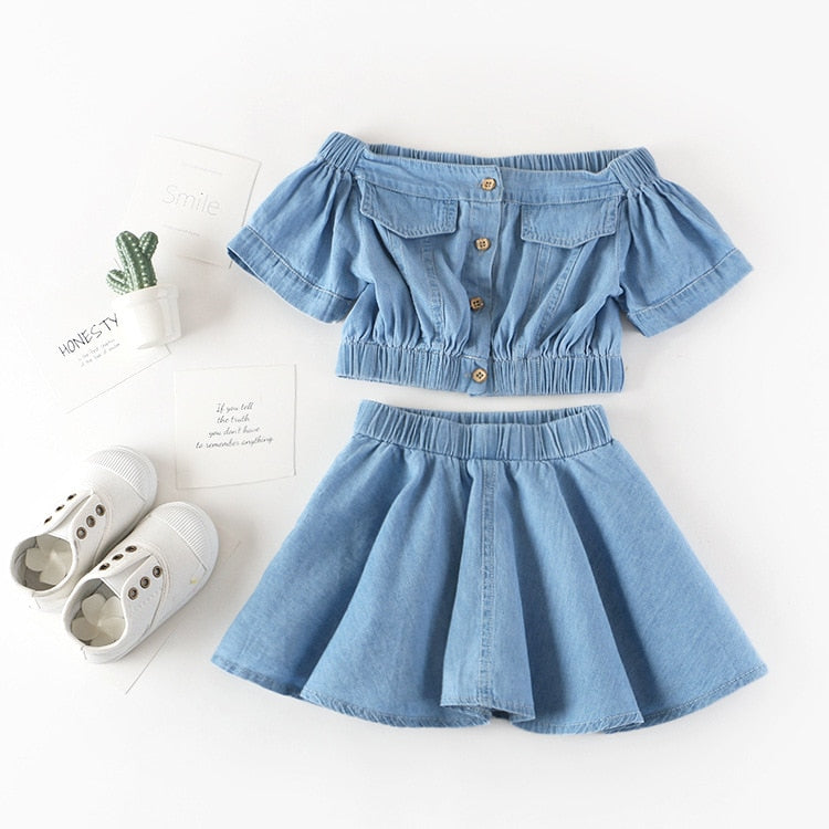C2C Girls' Fashion Denim Shoulder Flying Sleeve Top 2PCS Set