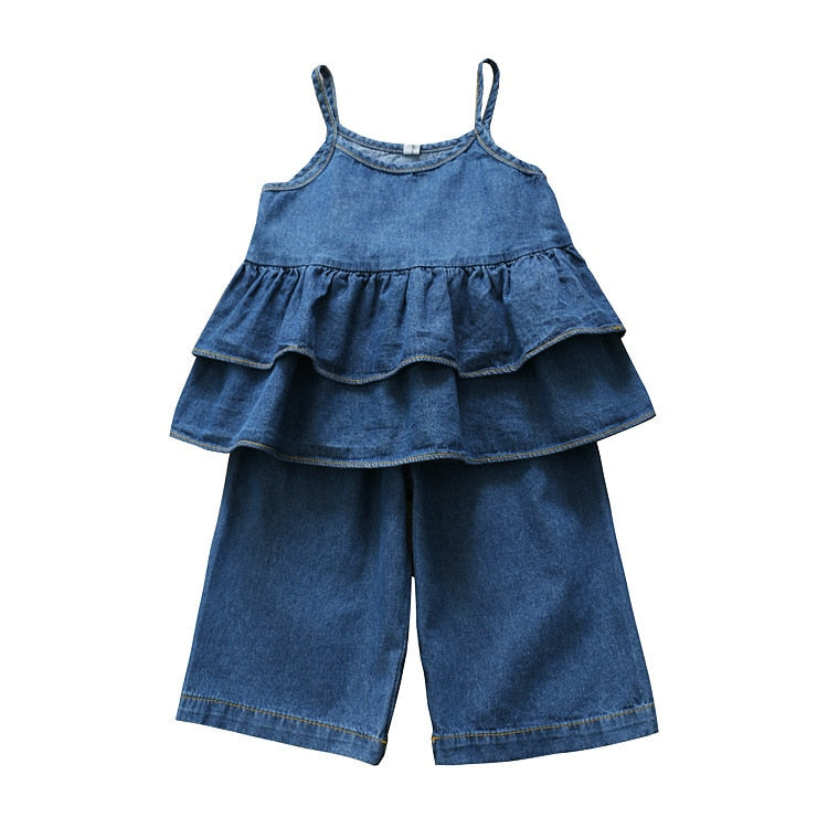 C2C Girls' Fashion Denim Shoulder Flying Sleeve Top 2PCS Set
