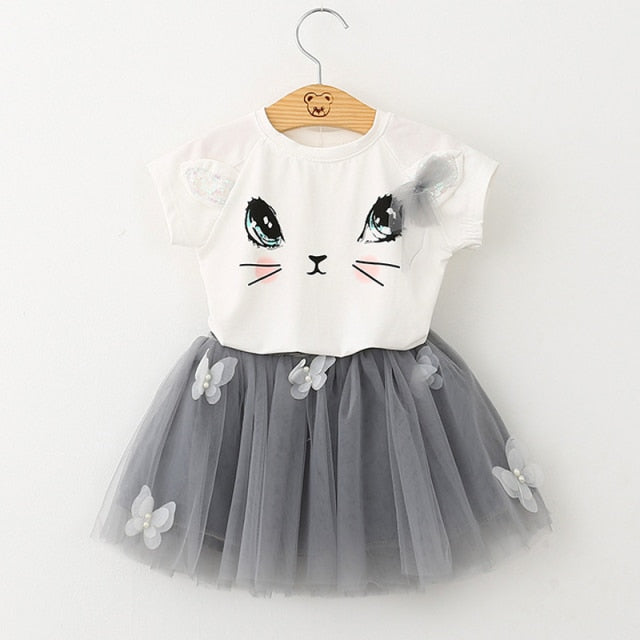 Girls' Denim Short-sleeved T-shirt+High Waist Skirt 2PCS Set