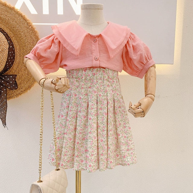 Girls' Denim Short-sleeved T-shirt+High Waist Skirt 2PCS Set