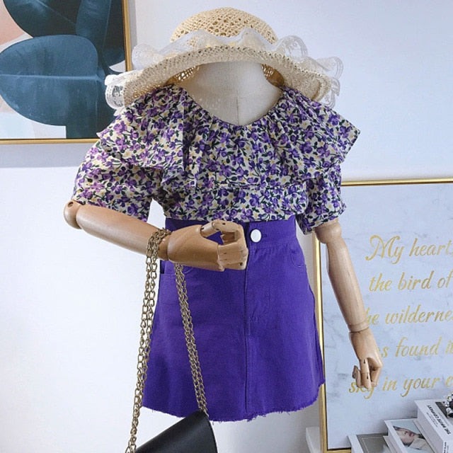Girls' Denim Short-sleeved T-shirt+High Waist Skirt 2PCS Set