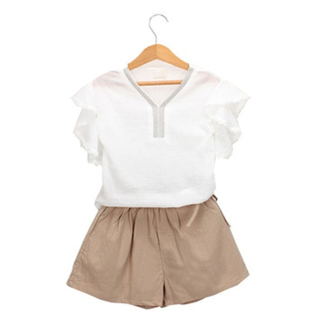 Girls' Denim Short-sleeved T-shirt+High Waist Skirt 2PCS Set