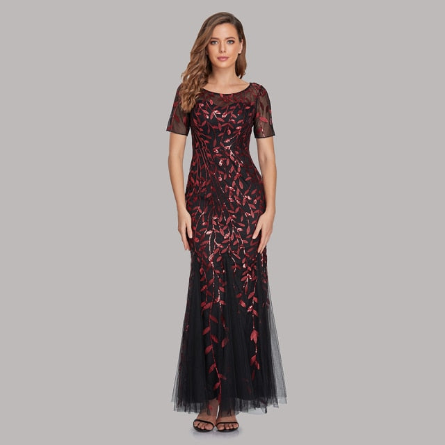 Plus Size Evening Mermaid O Neck Short Sleeve Lace Appliques Tulle Long Party Robe Soiree Dress