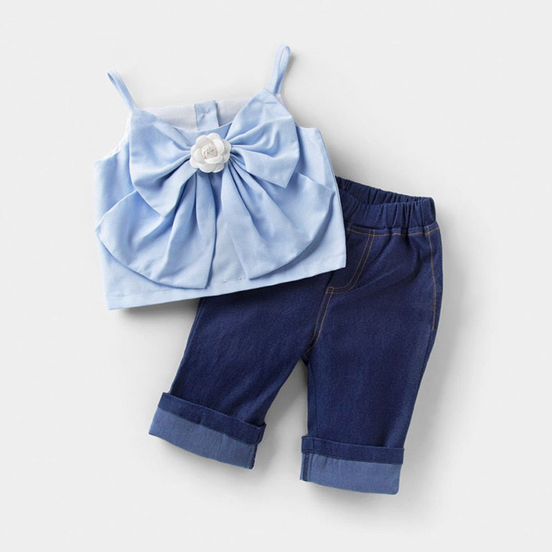 Girls' Denim Short-sleeved T-shirt+High Waist Skirt 2PCS Set