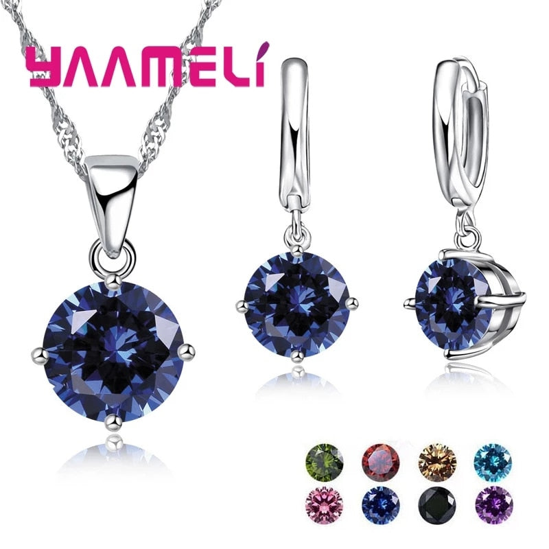 New Fashion Women Wedding Jewelry Sets 925 Sterling Silver  4 Claw CZ Crystal Necklace Dangle Earrings For Wedding