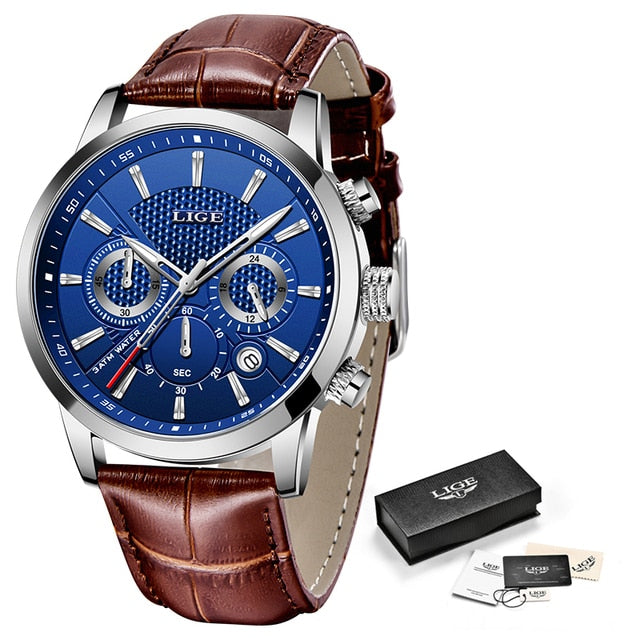 Leather Chronograph Waterproof Sport Automatic Date Quartz Men Watch