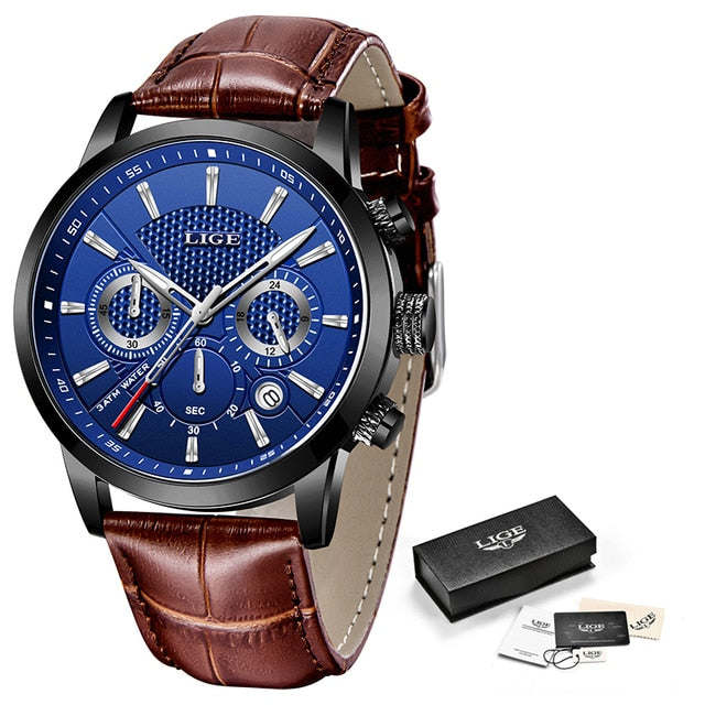 Leather Chronograph Waterproof Sport Automatic Date Quartz Men Watch
