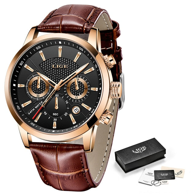 Leather Chronograph Waterproof Sport Automatic Date Quartz Men Watch