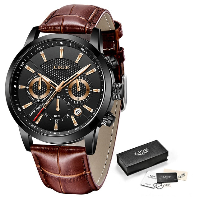 Leather Chronograph Waterproof Sport Automatic Date Quartz Men Watch