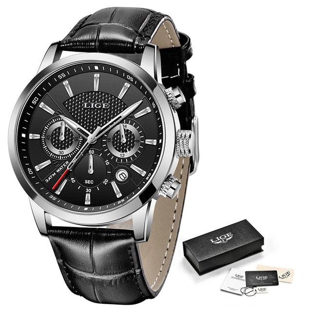 Leather Chronograph Waterproof Sport Automatic Date Quartz Men Watch