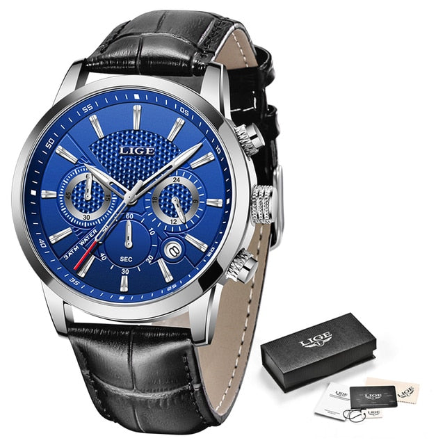 Leather Chronograph Waterproof Sport Automatic Date Quartz Men Watch