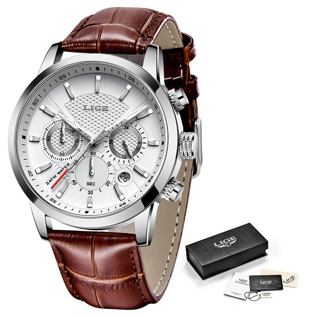Leather Chronograph Waterproof Sport Automatic Date Quartz Men Watch